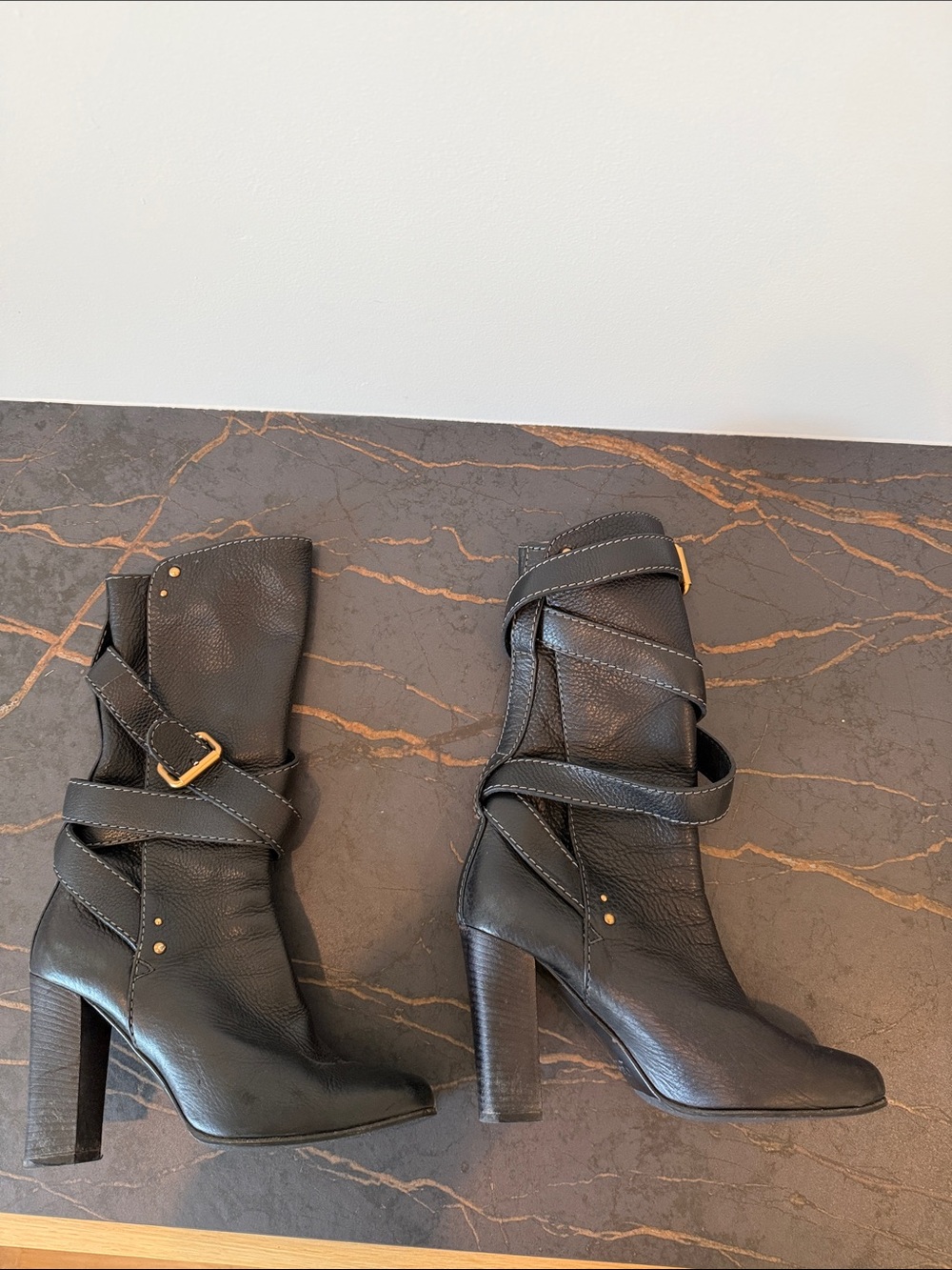 Chloe Black Pebbled Leather Wrap-Strap High Heel Boots